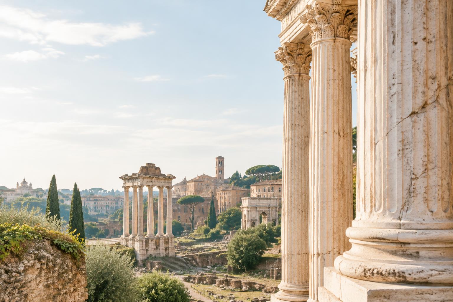 Sunlit marble columns overlooking the Roman Forum